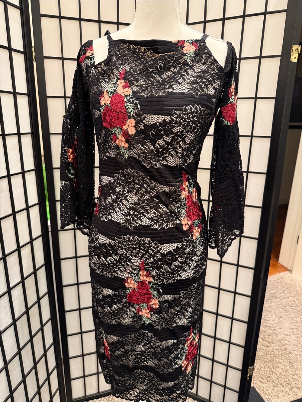 Black Lace Sheath Dress with Red Floral Embroidery stretch w/ adjustable straps